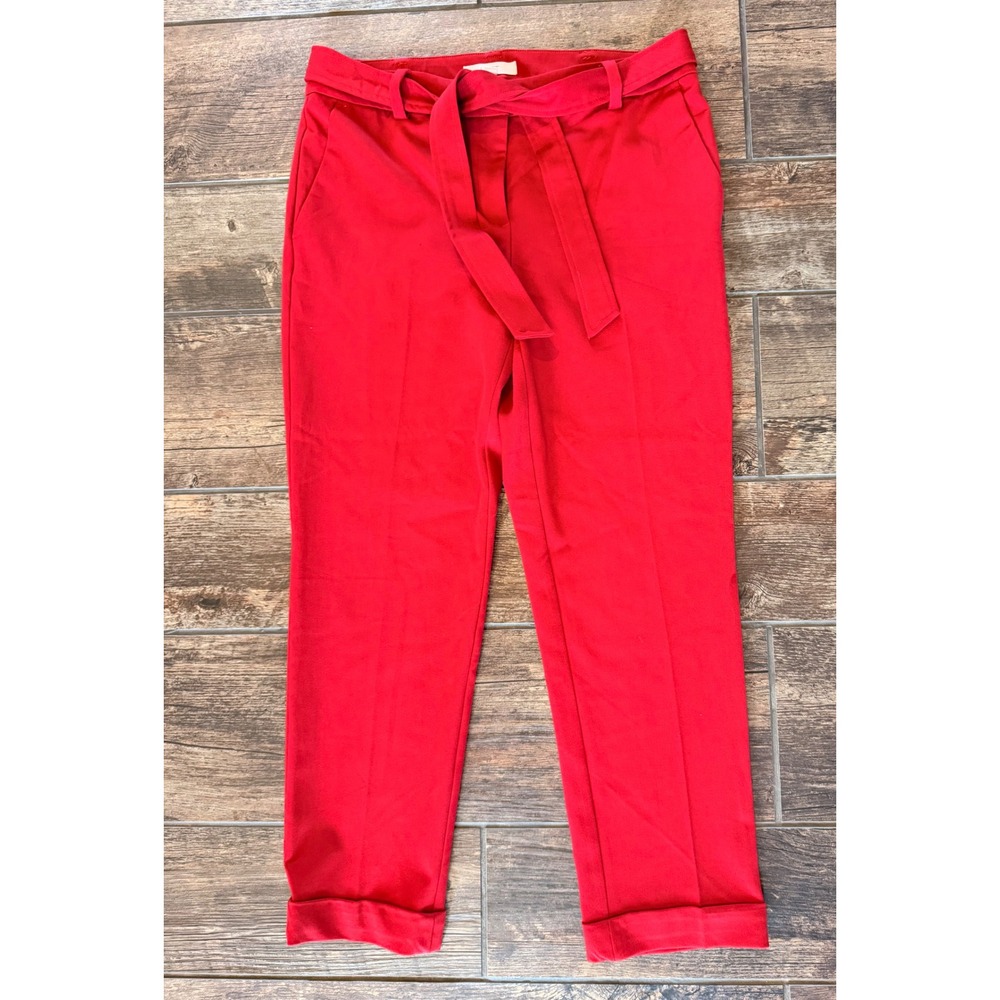LOFT Red Tie Waist Cropped Trousers Cuffed Hem Dress Pants Size 10 - Picture 2 of 7